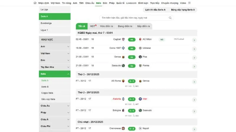 Cập nhật chính xác kết quả Serie A theo thời gian thực