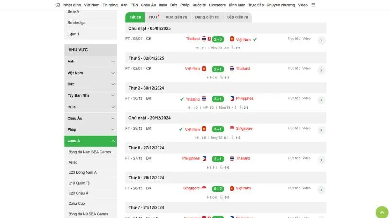 Giao diện xem KQBD AFF Cup thiết kế hiện đại